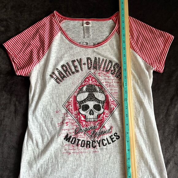 Harley-Davidson Skull Graphic Tee | Size L | Red White Striped Sleeves USA Made - Picture 13 of 14